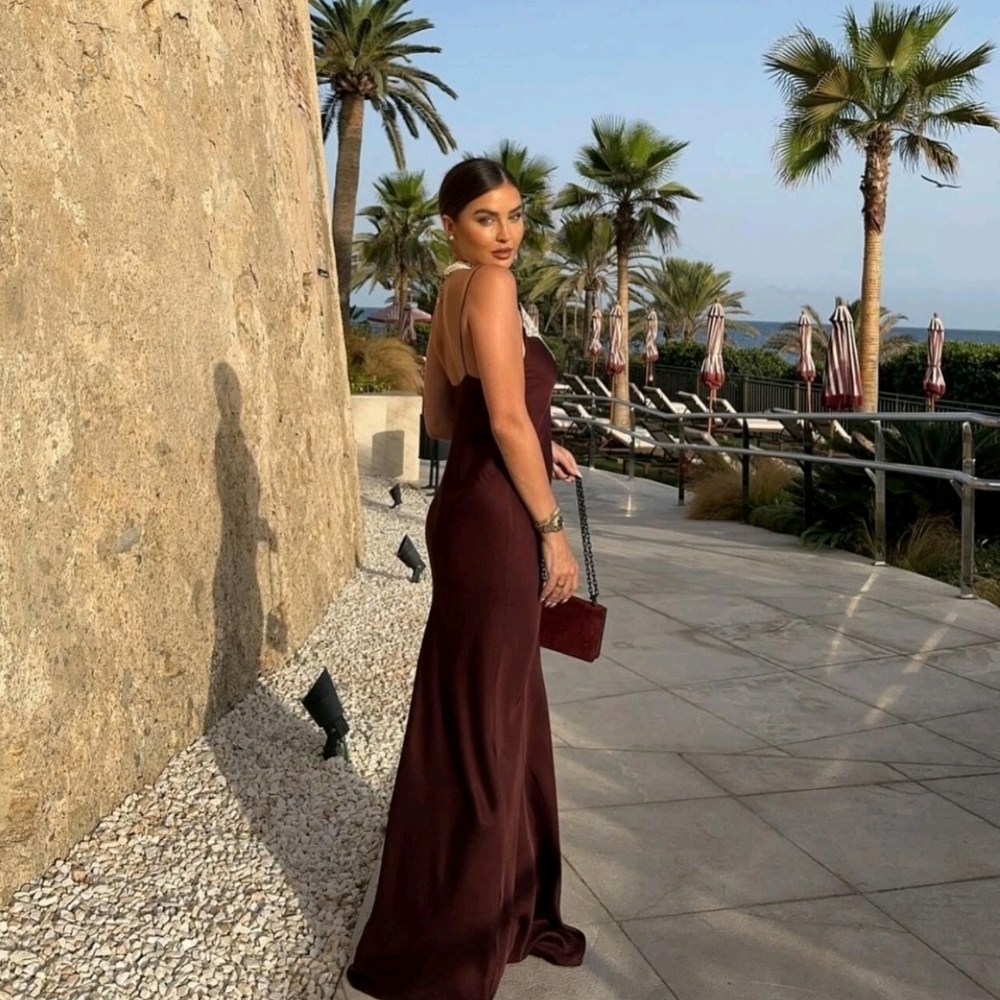 Zara Collection Burgandy Slip Maxi Dress with Lace Trim - Picture 4 of 9